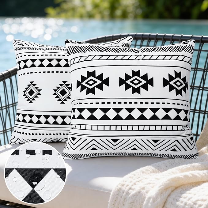 Black White Outdoor Waterproof Pillow Covers 18x18 Inch Set of 2 | Morocco Tile Geometric Decorative Throw Pillow Cover, Boho Outdoor Cushion Cases for Patio Funiture Garden Couch Bench