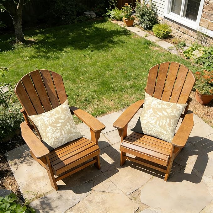 Outdoor Pillows with Insert 16x16 Inch, Waterproof Throw Pillow for Patio Furniture, Decorative Back Cushion for Garden Home Sofa Office Chair, Set of 2, Tropical Leaf Oat