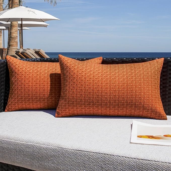 Kevin Textile Outdoor Waterproof 12"x24" Pillow Covers 2 Pack, Burnt Orange | Water Resistant Weaving Faux Linen Texture Throw Pillow Covers, Outside Decorative Pillowcases for Garden Patio Balcony Couch