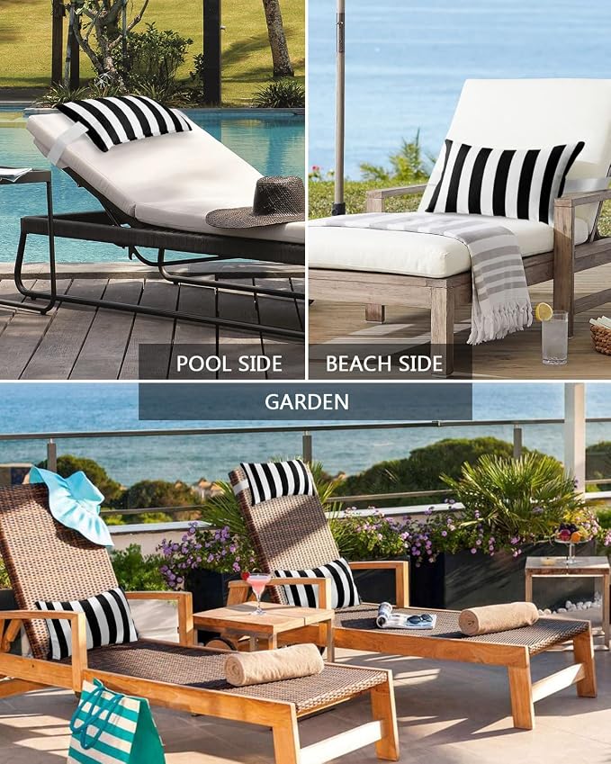 Chaise Lounge Head Resting Pillows, Simple Black and White Stripes Outdoor Waterproof Furniture with Insert and Adjustable Elastic Stripe Chaise Pillows for Recliner Beach Chair 11x16IN,2 Pcs