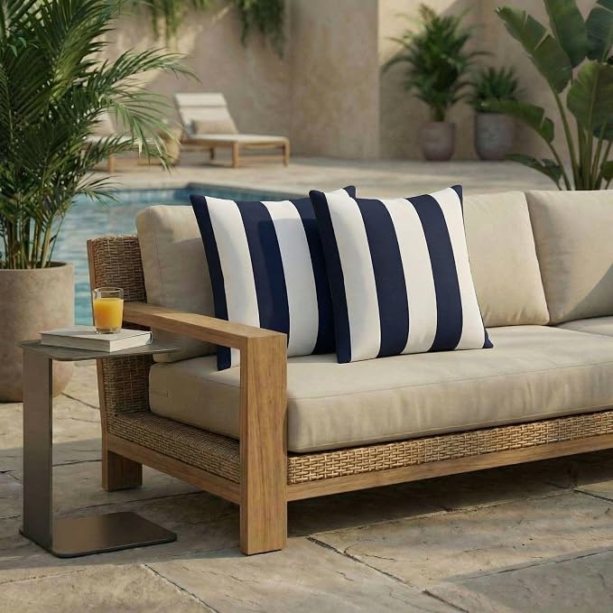 RSH DECOR: Sunbrella Square Throw Pillows Set of 2 | 20" x 20" | Water & Fade-Resistant | Outdoor Pillow Covers with Down-Alternative Inserts | Made in USA (Cabana Midnight Navy Stripe)