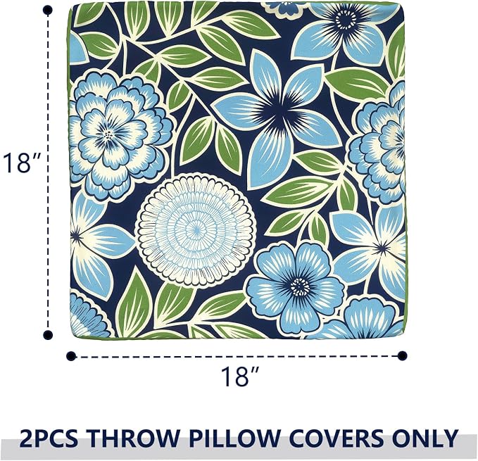 Outdoor Throw Pillow Covers 18x18 Inch, Decorative Pillow Covers for Patio Furniture, Azure Botanical Symphony Modern Cushion Cases for Garden Couch Home Sofa, Pack of 2