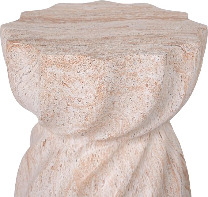 Merax 19.29" H Modern Outdoor Concrete Side Table, Patio End Table with Sculptural Fluted Design, Weather-Resistant Hourglass Shape Accent Table for Garden, Balcony & Poolside, Beige Marble