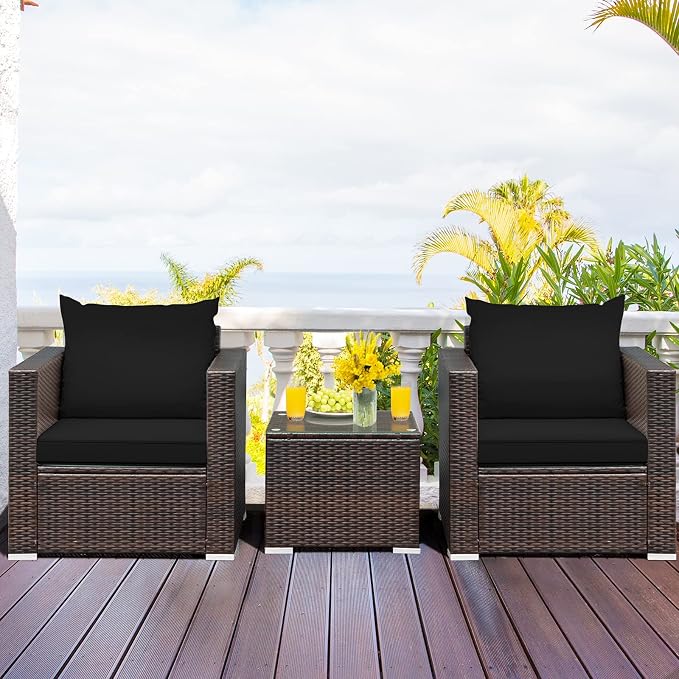 HAPPYGRILL 3PCS Patio Furniture Set Rattan Wicker Sofa Set with Cushions and Coffee Table Outdoor Patio Conversation Set for Garden Poolside Balcony