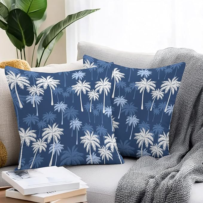 Throw Pillow Covers 20x20 Inch Set of 2, Tropical Palm Tree Waterproof Outdoor Pillow Covers, Navy Blue White Plants Coastal Leaf Decorative Cushion Pillowcases for Couch, Sofa, Bed, Garden, Patio