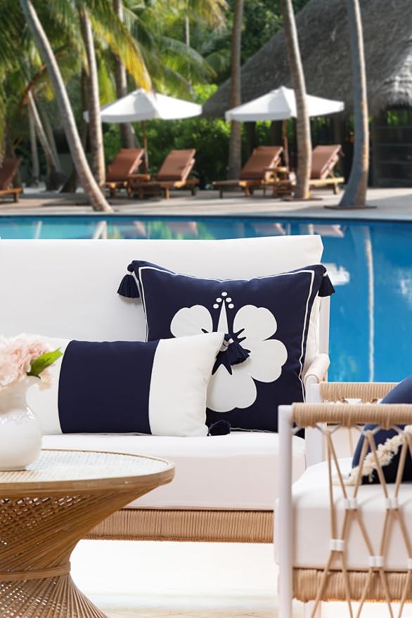Hofdeco Premium Coastal Patio Outdoor Performance Pillow Cover Only, 18"x18" Water Repellent, UV and Fade Resistant for Backyard, Couch, Dark Navy Blue Embroidered Hibiscus Floral with Tassels