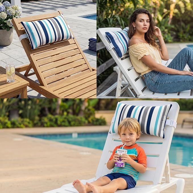 Chaise Lounge Head Pillow Oudoor Patio Pillow with Elastic Strap | 2 Pack Water Resistant Headrest Pillows for Recliner, Beach Chair, Office Chair, Stripes