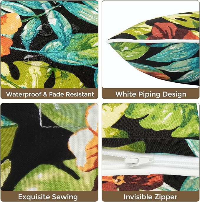 Lumbar Pillow Covers Set of 2, Outdoor Indoor Waterproof Decorative Patio Lumbar Pillowcase Shell 12x20 Inch, Rectangular Cushion Case for Couch Sofa Garden Farmhouse-Tropical Green Leaves