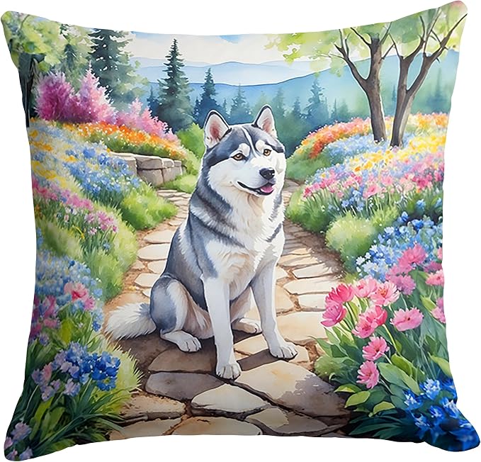 Caroline's Treasures Siberian Husky Spring Path Throw Pillow Machine Washable, Indoor Outdoor Decorative Pillow for Couch, Bed or Patio, 18Hx18W