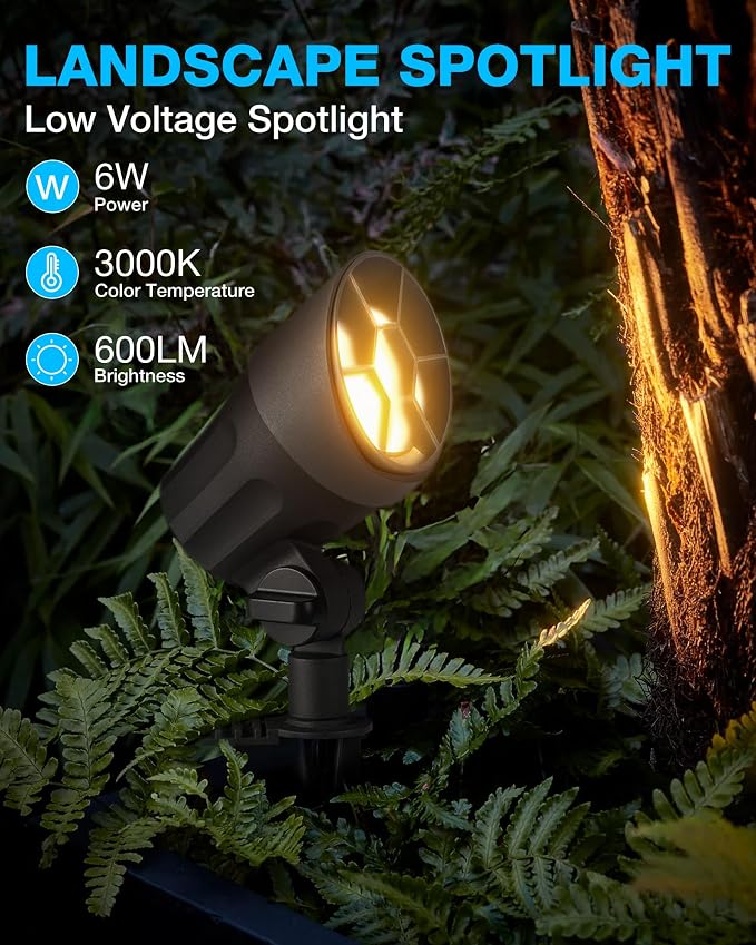SUNVIE 6W AntiGlare Low Voltage Landscape Lights Low Voltage Lighting 12Pcs | Waterproof Landscape Spotlights with Connectors Warm White Landscaping Lights Spot Lights Outdoor for Garden Tree Wall Yard