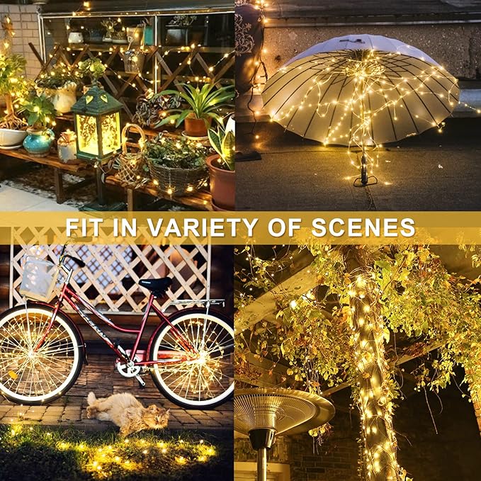 JMEXSUSS 2 Pack Solar Fairy Lights, Total 200 LED 66FT Solar String Lights | Outdoor Waterproof 8 Modes Copper Wire Solar Christmas Lights for Yard Patio Tree Garden Xmas Decorations, Warm White