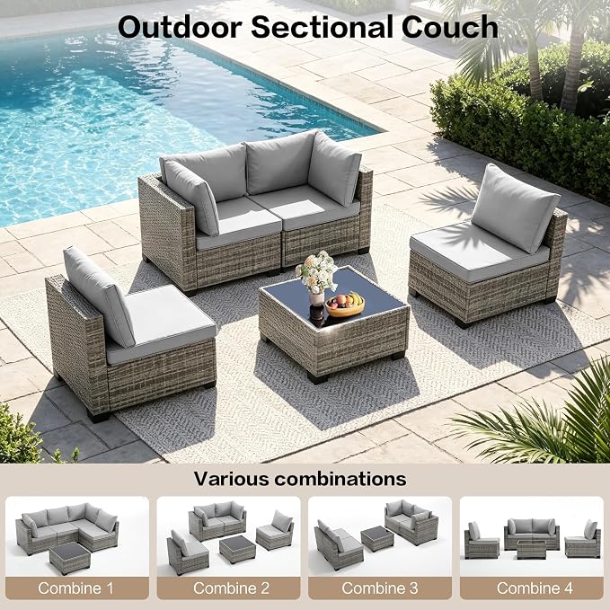 5-Piece Outdoor Patio Furniture Set, PE Rattan Weaving Sofa with Light Grey Cushions and Steel Frame, Coffe Table Included, Outdoor Conversation Set Grey