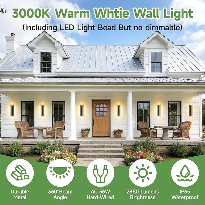 23.6 in Outdoor Wall Light Fixture,Garage Side Wall Sconce,36 W | 2-Tier Black Outdoor Modern Square Wall Lights For Hallway, Front Porch, Integrated 3000K LED Light Bead, Waterproof,2 Packs