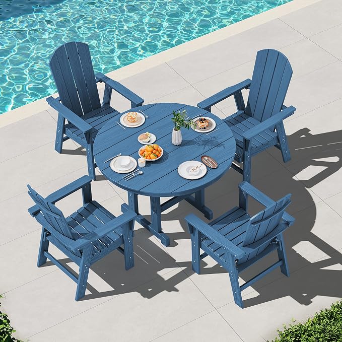 SERWALL 6-Piece Patio Dining Sets with Umbrella, HDPE Outdoor Table and Chairs Furniture Set, 45" Round Dining Table & 4 Adirondack Dining Chairs & 1 9FT Umbrella, Navy(Not Include Umbrella Base)