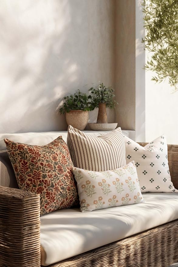 Modern Farmhouse California Casual Indoor Outdoor Lumbar Pillow Cover, 12"x20" Water Repellent for Patio, Backyard, Couch, Poolside, Ivory Cream Tan Green Print Block Painting Flowers