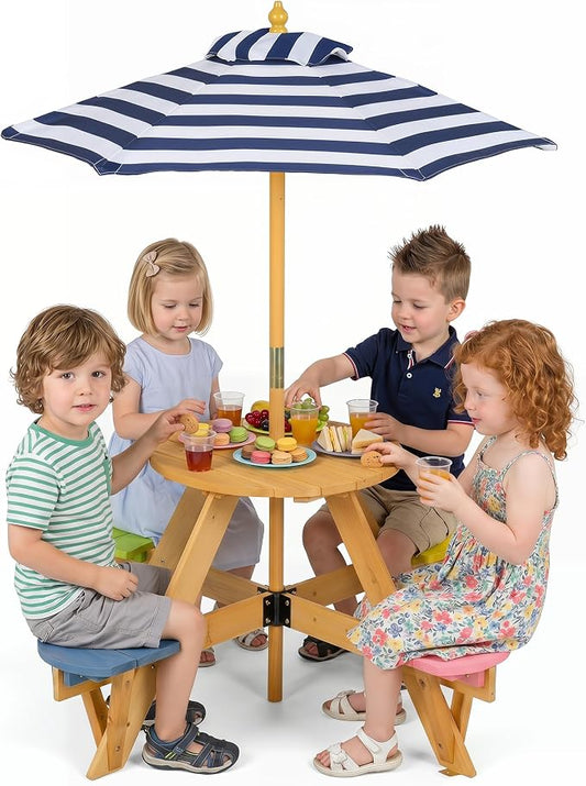 HONEY JOY Kids Picnic Table, 4-Person Fir Wood Toddler Round Outdoor Table & Chair Set, Adjustable Umbrella, Wooden Children Outdoor Furniture for Patio Backyard Lawn Garden, Natural