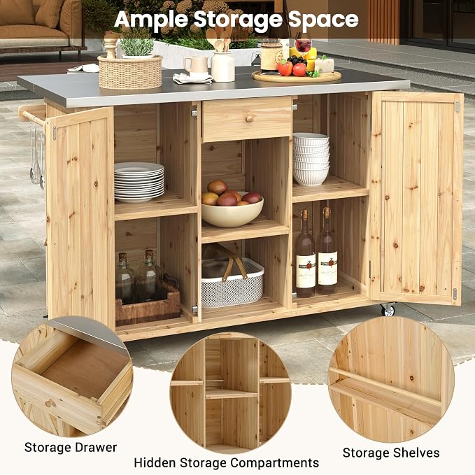 Outdoor Kitchen Island Fir Wood Kitchen Island with Stainless Steel Top,Ample Storage Space, Towel and Spice Racks and a Bottle Opener for Outdoor (Natural Wood@53)