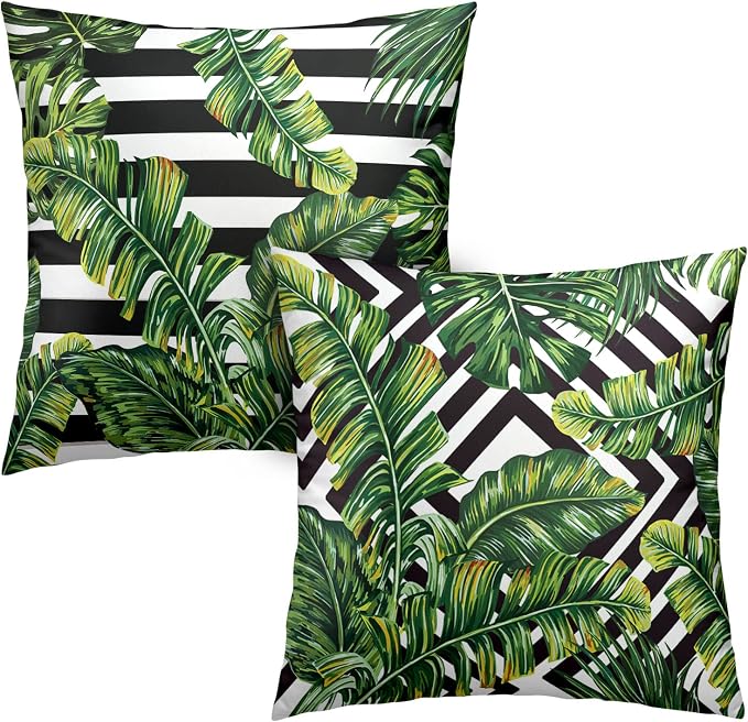 Tropical Green Leaves Throw Pillow Covers 18x18 Set of 2 Summer Palm Tree Pillow Cases Geometric Black and White Square Decorative Pillow Covers Modern Home Decor for Sofa Bed