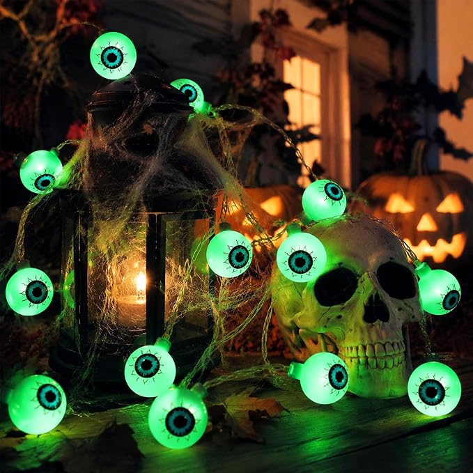 Crazy Night Halloween String Lights 10Ft 20 LEDs Battery Operated Green Eyeball Lights with Steady Flashing Modes Halloween Party Decor