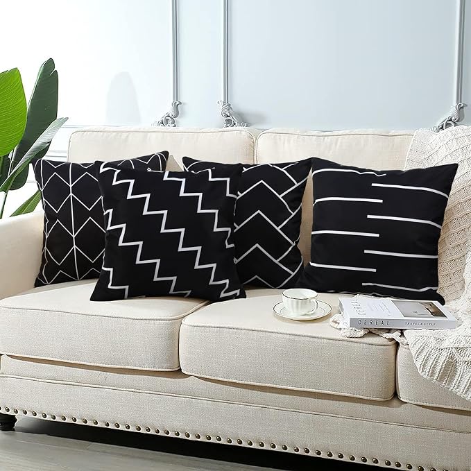 Adabana Set of 4 Outdoor Waterproof Pillow Covers 18x18 Black | Modern Geometric Throw Pillows Cover Decorative Boho Pillow Covers for Patio, Garden, Porch
