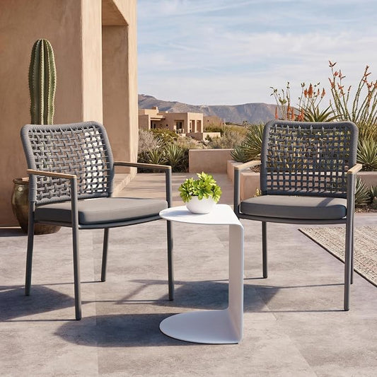 Modern Shade Riviera Outdoor Dining Chairs Set of 2, Fade Resistant, All-Aluminum Woven Rope Outdoor Chairs with FSC Teak Wood Armrests, Weather-Resistant Patio Chair with Quick Dry Cushion, Gray