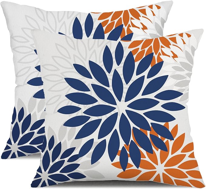 DFXSZ Outdoor Waterproof Pillow Covers 20x20 Set of 2 Blue Orange Flower | Spring Summer Waterproof Flower Throw Pillowcases（No Inserts）Outdoor Decor for Fall Patio Funiture Garden Polyester Covers