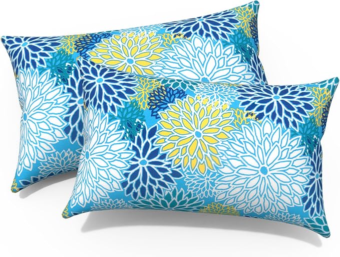 Outdoor Lumbar Pillows, Water Repellent Cushion Pillows 12x20 Inch, Outdoor Pillows with Inserts for Home Garden, Pack of 2, Dahlia Blue
