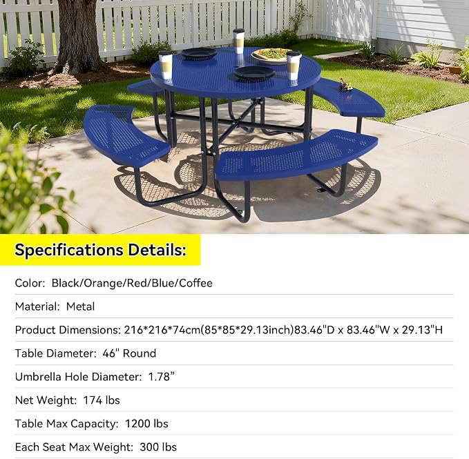 46 Inch Round Metal Picnic Table with 1.78" Umbrella Hole, All Weather Rust-Proof Metal Frame, Mesh Tabletop, Seats Up to 8 People, Easy Assembly for Patio, Backyard, Camping & BBQ, Blue