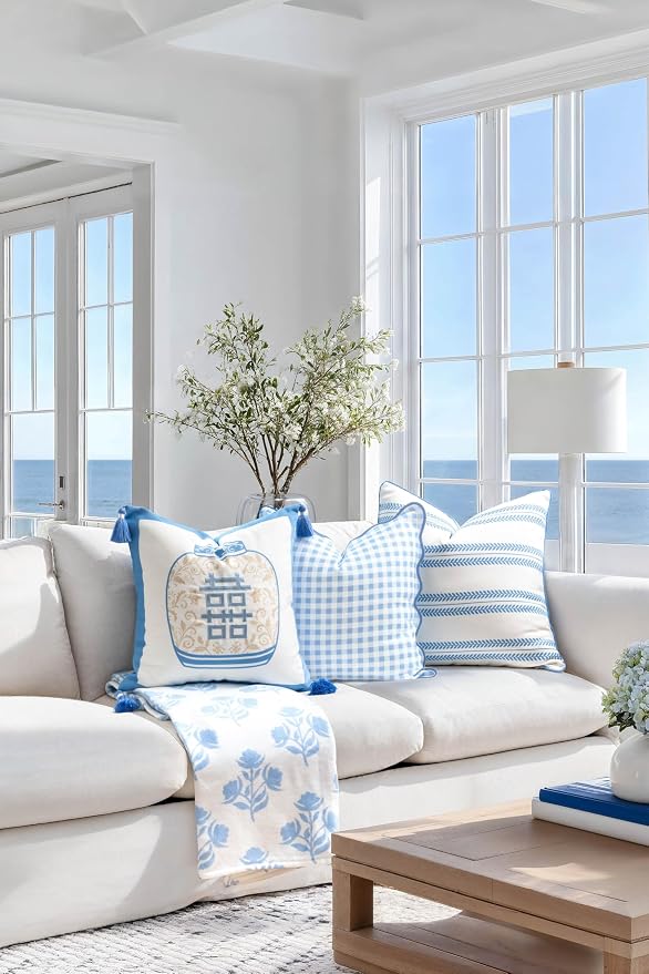 Hofdeco Premium Coastal Hampton Patio Indoor Outdoor Throw Pillow Cover Only, 20"x20" Water Repellent for Backyard, Couch, Poolside, Azure Blue Tan Embroidered Happiness Chinoiserie Vase