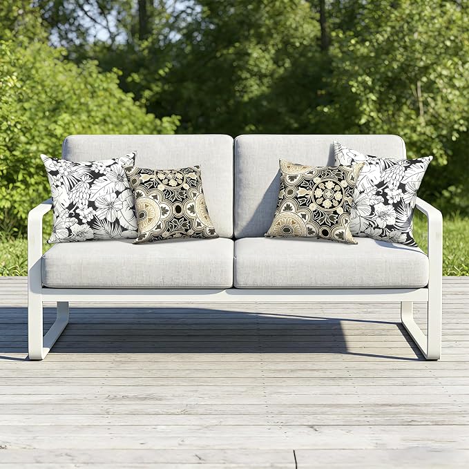 Outdoor Throw Pillow Covers 18x18 Inch, Decorative Pillow Covers for Patio Furniture, Tropical Blossom Noir Modern Cushion Cases for Garden Couch Home Sofa, Pack of 2