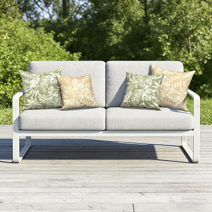 Outdoor Pillows with Insert 18x18 Inch, Waterproof Throw Pillow for Patio Furniture, Decorative Back Cushion for Garden Home Sofa Office Chair, Set of 2, Tropical Leaf Oat