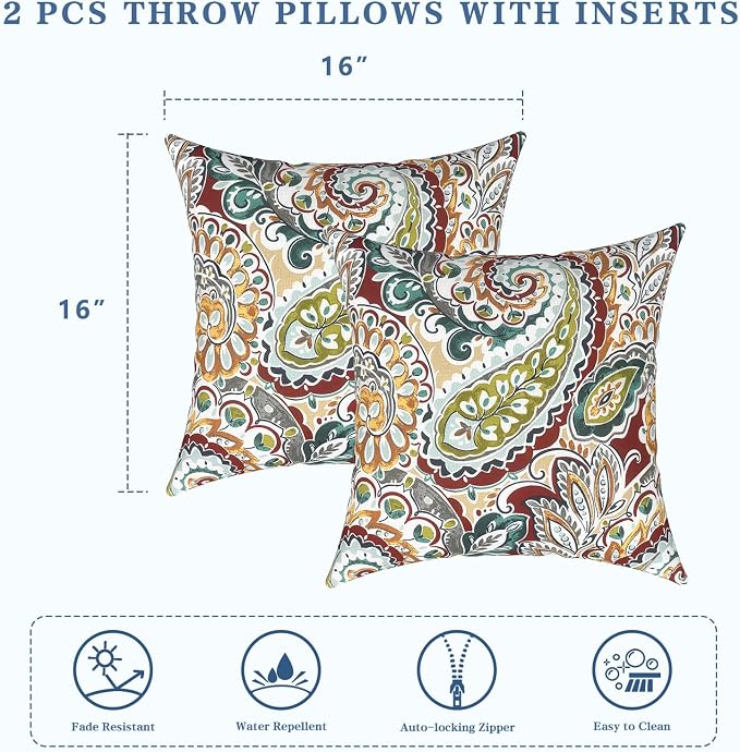 LVTXIII Outdoor Throw Pillows 16x16 Inch, Set of 2 Square Decorative Pillows with Inserts for Patio Furniture, Porch Chair, Garden Sofa, Vibrant Paisley