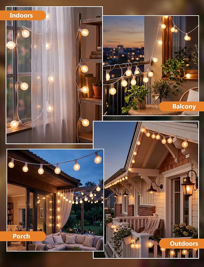 25Ft G40 LED Frosted White String Lights Outdoor with 27 Shatterproof Globe Bulbs Patio Lights White Wire, Waterproof Hanging Bistro Lights for Wedding Party Backyard Garden Porch Christmas Decor