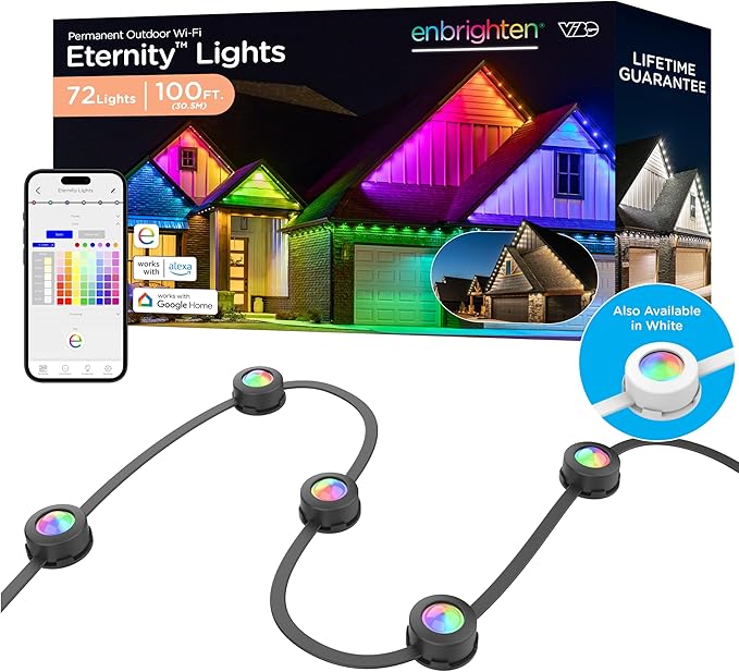 Enbrighten Eternity Permanent Outdoor Lights, 100ft, 72 Lights, Smart | Black Cord, RGBWIC LEDs, Weatherproof, Cuttable, Link to 200ft, Christmas, App Control, Works with Alexa & Google Home