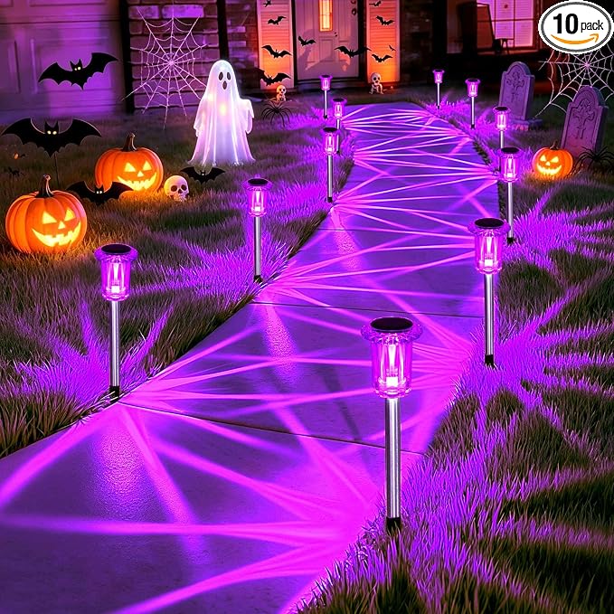 Halloween Solar Lights Outdoor 10 Pack LED Purple Pathway Lights | Waterproof Halloween Decorations Outdoor for Yard Garden Walkway Outside Driveway Landscape Path, Auto On/Off, Spike Pattern