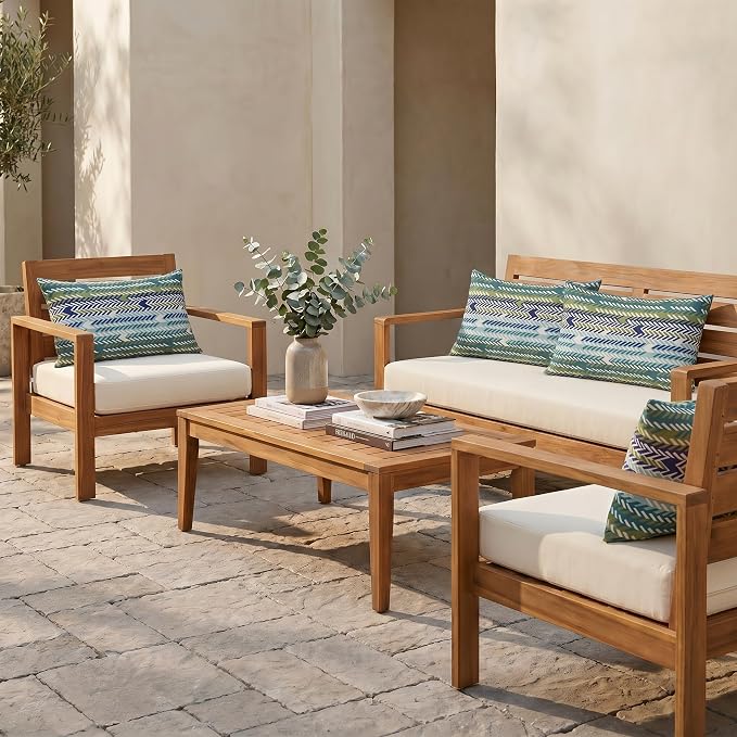 RSH DECOR: Sunbrella Jumbo Lumbar Pillows Set of 4 | 26" x 16" | Indoor Outdoor – Patio, Lounge, Adirondack | Water & Fade-Resistant | Down-Alternative Inserts | Made in USA (Escape Sky)