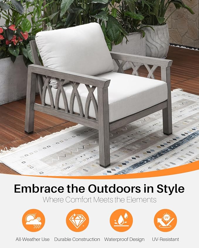 Aluminum Outdoor Sofa Chair, Modern Patio Sofa Armchair with Washable Cushions, Weather-Resistant Outdoor Club Chair, Patio Armchair Furniture for Garden, Deck, Porch, Limed Oak