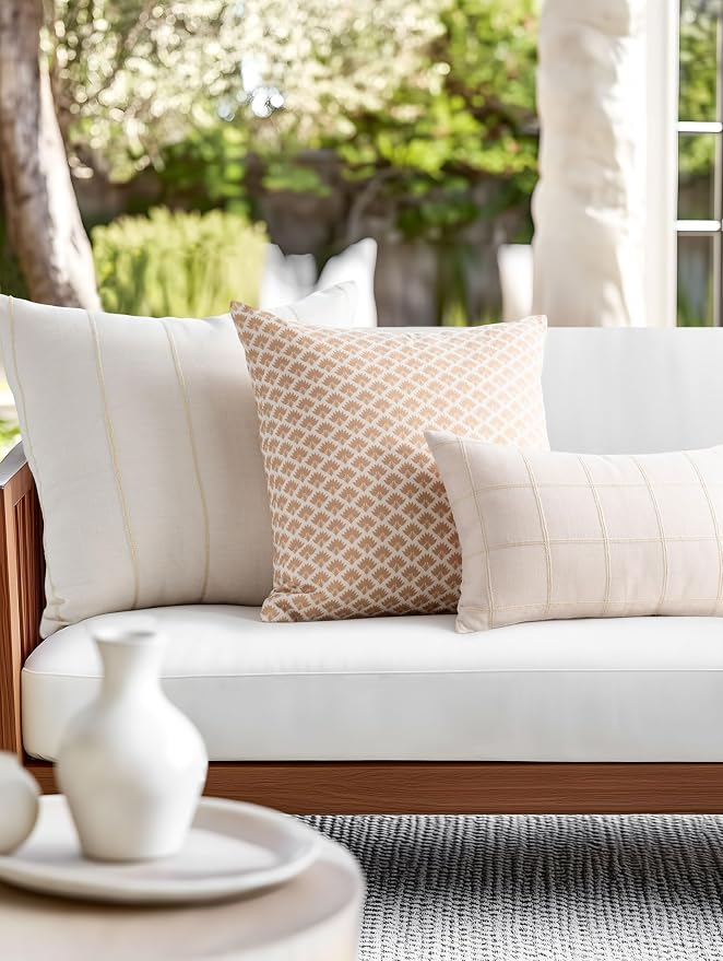 Modern Farmhouse Fall Linen Indoor Outdoor Throw Pillow Cover Only, 20"x20" Water Repellent for Patio, Backyard, Couch, Ivory Cream Ravenala Palm Tree