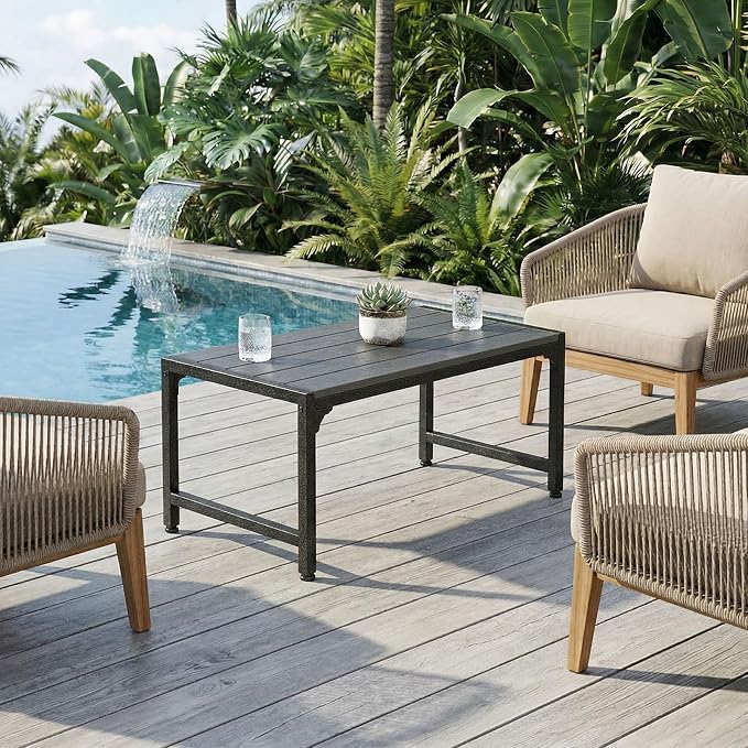 ODK Outdoor Coffee Table, Rectangle Weather-Resistant Patio Coffee Table for Garden, Balcony, Hot Tub, Poolside, Heavy-Duty Metal Frame, Grey