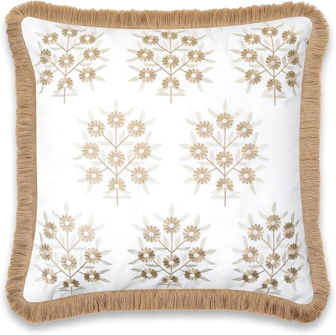 Hofdeco Premium Coastal Patio Indoor Outdoor Throw Pillow Cover Only, 20"x20" Water Repellent for Backyard, Couch, Neutral Tan Embroidered Floral with Fringe
