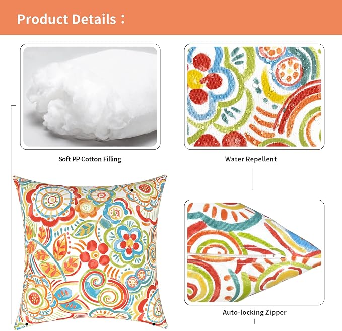 Outdoor Pillows for Patio Furniture 18x18 inch, Square Outdoor Throw Pillows with Inserts, Decorative Toss Pillows for Garden Couch Home Sofa Office Chair, Pack of 2, Flower Multi