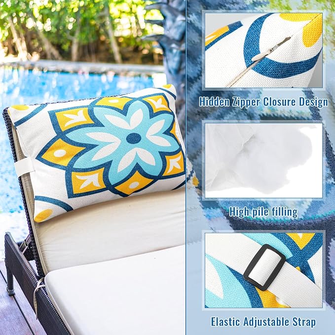 Juexica 2 Pack Chaise Lounge Pillow with Strap Outdoor Waterproof Beach Chair Neck Headrest Pillow Adjustable Elastic Band for Hammock Lumbar Recliner Pillows for Patio Pool Chair(Fresh Flowers)