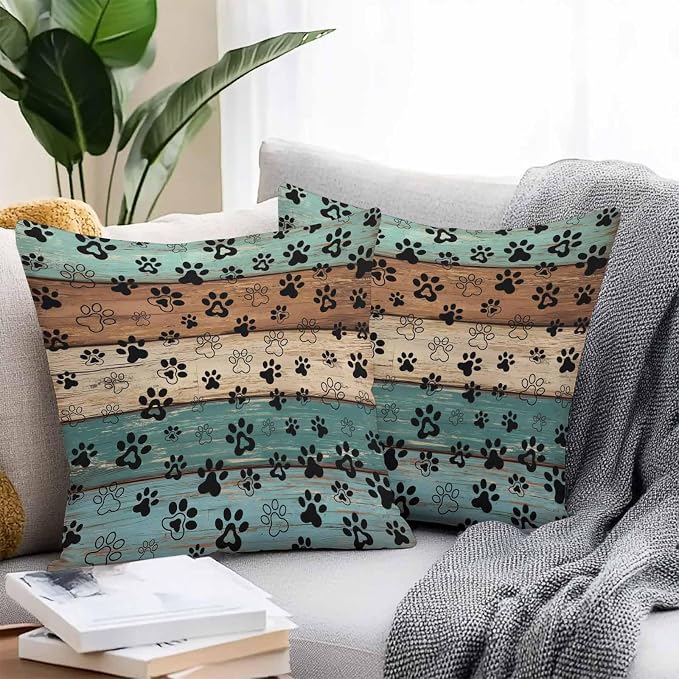 Outdoor Waterproof Throw Pillow Covers Set of 2 Dog Paw Pillowcases 20x20 Inches Pets Print Teal Brown Wood Grain Decorative Pillows Cushion Case Patio Pillows for Couch Bed Chair Garden
