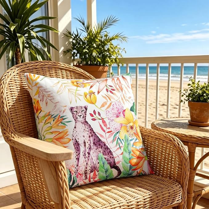 cygnus Summer Waterproof Outdoor Pillow Covers 18x18 Inch Tropical Jungle Floral Leaf Leopard Decorative Outdoor Pillows for Couch Patio Furniture Garden，Pack of 2