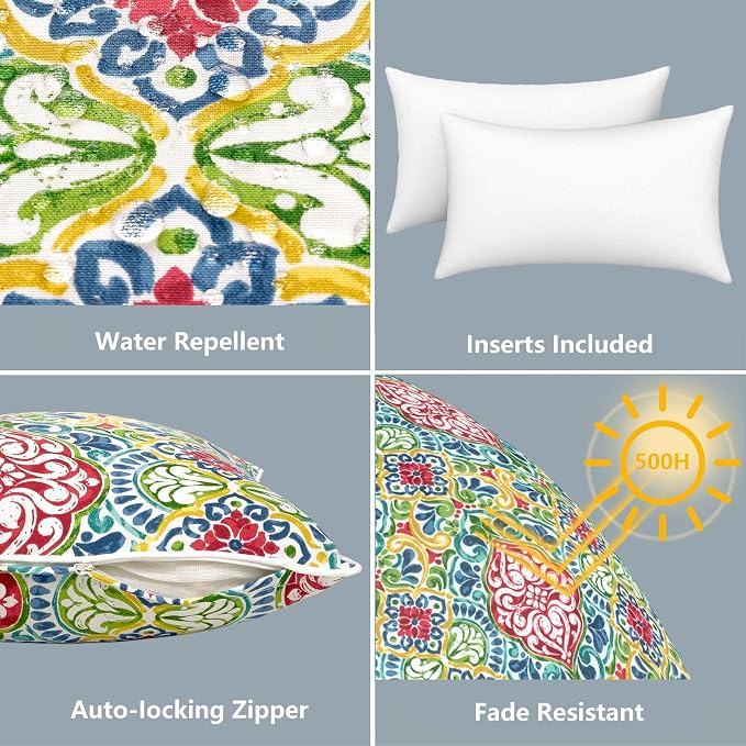 LVTXIII Set of 2 Outdoor Lumbar Pillows for Patio Furniture with White Piping, 12"x20" Fade Resistant Patio Lumbar Pillows with Inserts for Home Coach Sofa Use, Damask Red
