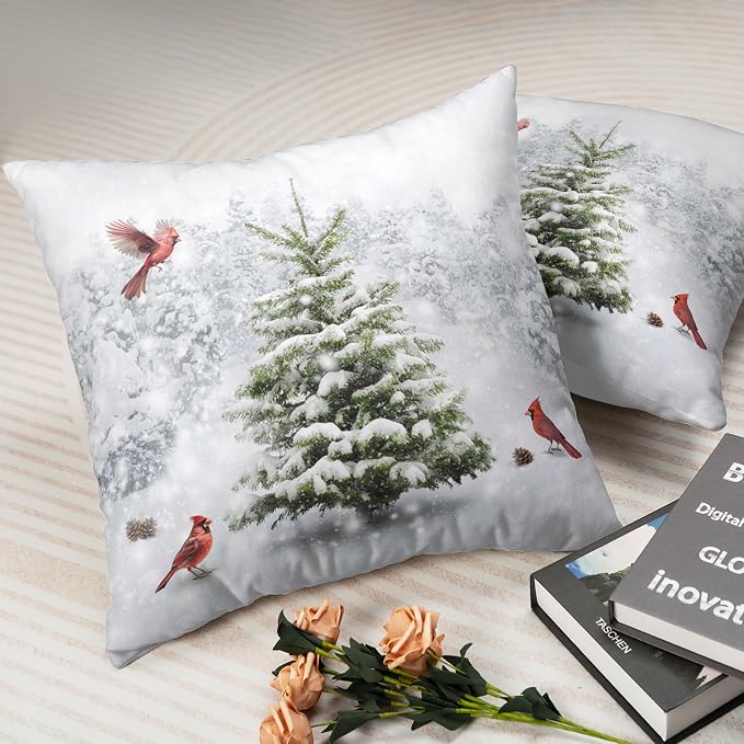 Winter Throw Pillow Covers 18X18 Snowy Natural Forest Decorative Pillow Case Set of 2 Green Pine Tree with Cardinal Birds Cushion Case for Couch Living Room Patio