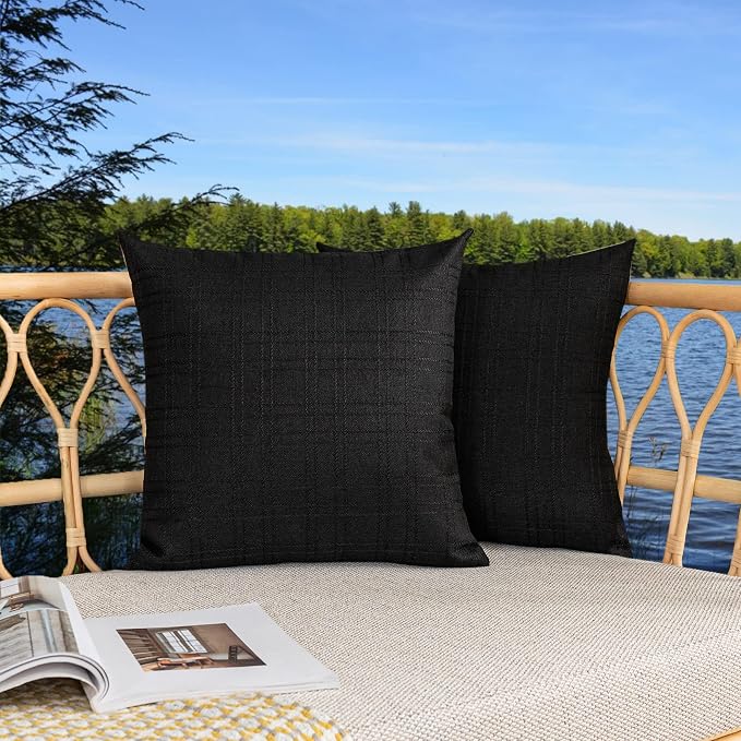 Kevin Textile Outdoor Waterproof 24”x24” Pillow Covers 2 Pack, Black | Water Resistant, Soft Faux Linen-cotton Yarn-dyed Woven Texture Throw Pillow Covers for Tent Patio Garden Couch Sofa