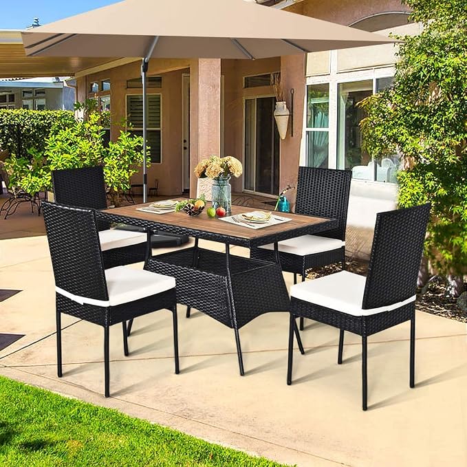 HAPPYGRILL 5-Pieces Patio Rattan Dining Set Outdoor Wicker Bistro Table Set with Acacia Wood Tabletop & Cushioned Chairs, Dining Furniture Set for Backyard Porch Dining Room Kitchen