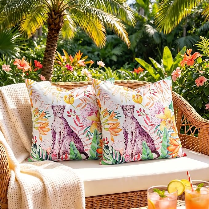 cygnus Summer Waterproof Outdoor Pillow Covers 18x18 Inch Tropical Jungle Floral Leaf Leopard Decorative Outdoor Pillows for Couch Patio Furniture Garden，Pack of 2
