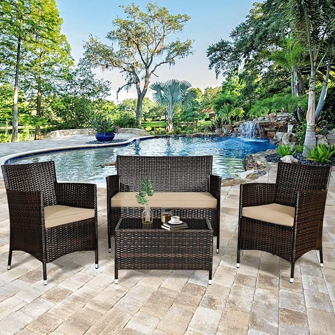 HAPPYGRILL 4-Piece Patio Furniture Set Outdoor Rattan Wicker Conversation Set with Cushioned Sofa and Coffee Table for Porch Backyard Garden Poolside